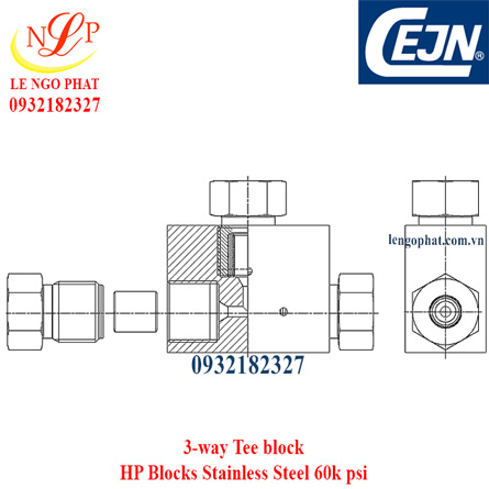 3-way Tee block HP Blocks Stainless Steel 60k psi