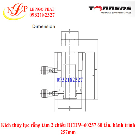 Kích thủy lực rỗng tâm 2 chiều DCHW-60257 60 tấn, hành trình 257mm