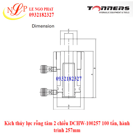 Kích thủy lực rỗng tâm 2 chiều DCHW-100257 100 tấn, hành trình 257mm